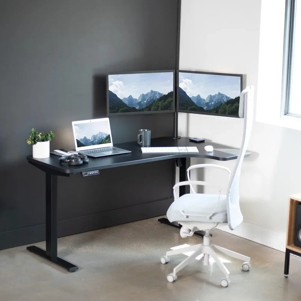 Electric Height Adjustable L-Shaped Standing Desk – 58" x 35", Reversible Black Top, Black Steel Frame.