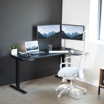 Electric Height Adjustable L-Shaped Standing Desk – 58" x 35", Reversible Black Top, Black Steel Frame.