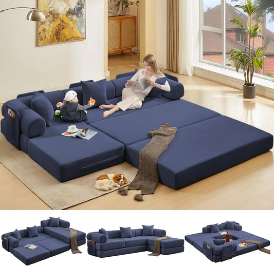 L-Shaped Modular Sofa Bed with Reversible Chaise & Cylindrical Pillow – Corduroy Convertible Floor Sofa.