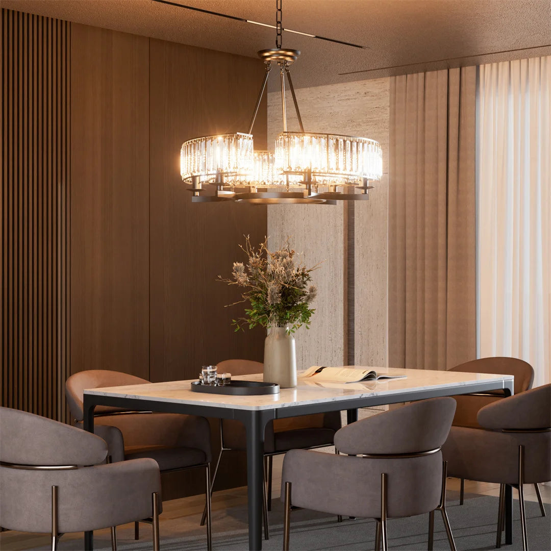 LUVODI Round Crystal Pendant Light Fixture Black Ceiling Chandelier Lamp with 3 Color Lights Adjustable Height