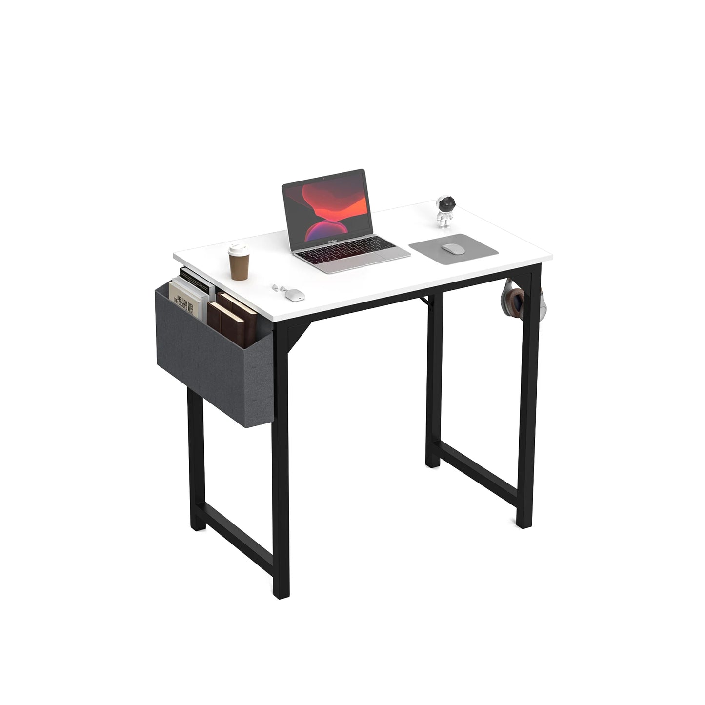 Modern Compact Computer Desk with Side Bag & Headphone Hook – Easy Assembly.