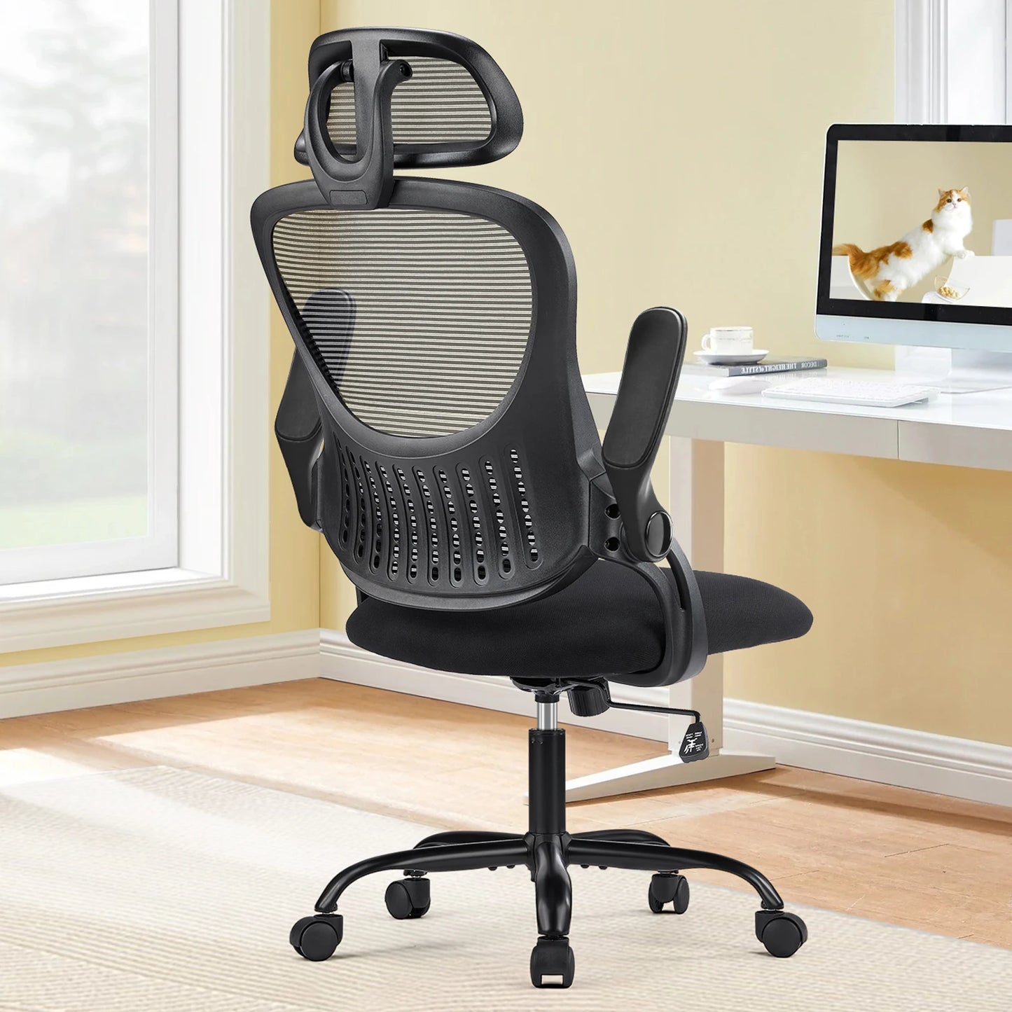 Ergonomic Mesh Office Chair with Flip-Up Arms and Adjustable Headrest – Lumbar Support for Home & Computer Desk.