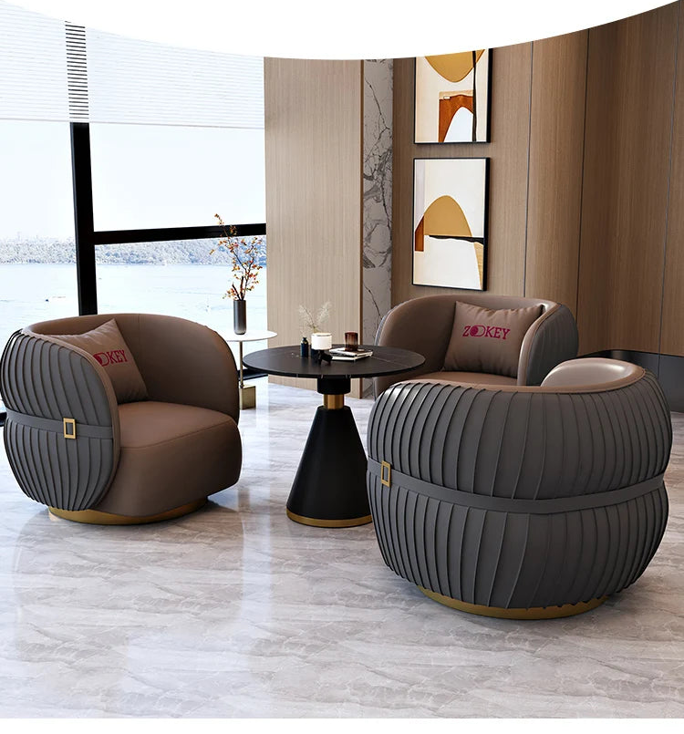 Modern living room with gray armchairs and a coffee table, featuring color options for a countertop.