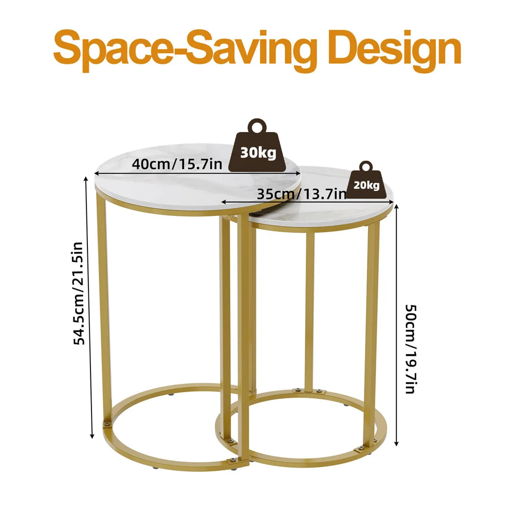 Space-saving nesting tables with dimensions and weight indicators on a white background