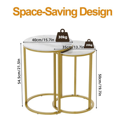 Space-saving nesting tables with dimensions and weight indicators on a white background