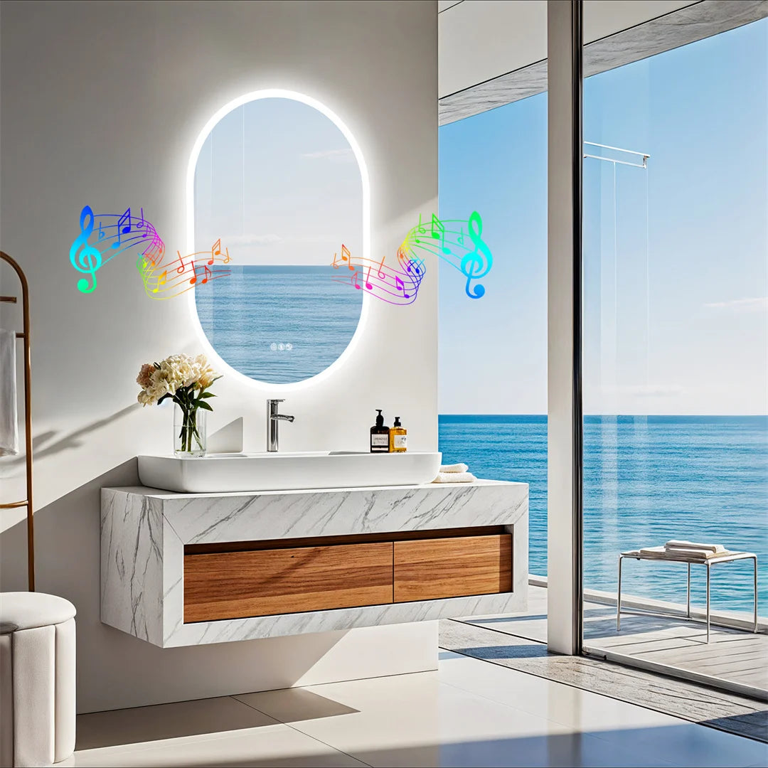 Modern bathroom with a sink vanity and round mirror, featuring ocean view.