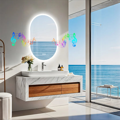 Modern bathroom with a sink vanity and round mirror, featuring ocean view.