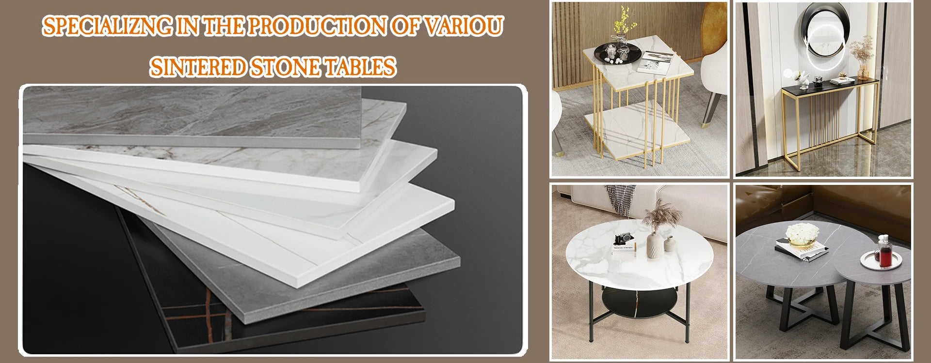 Sintered stone tables with production process and finished products on a brown background