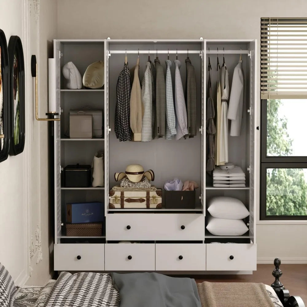 👉 Modern 4-Door Wardrobe Closet with Shelves, Drawers – Spacious Armoire Storage Cabinet