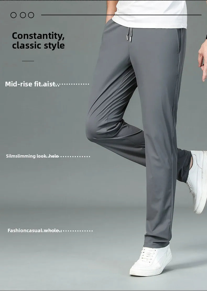 High Quality Ice Silk Stretch New Brand Casual Fashion Strappy Long Pants Elastic Pencil Street Style Teens Trousers Men Clothes