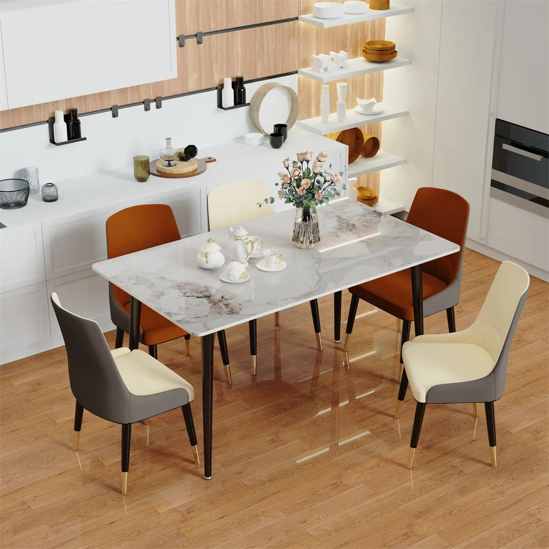 LUVODI 4-6 People Seats Marble Dining Table with Chair 1.2m Restaurant Kitchen Cafe Shop Coffee Table Furniture with Metal Legs