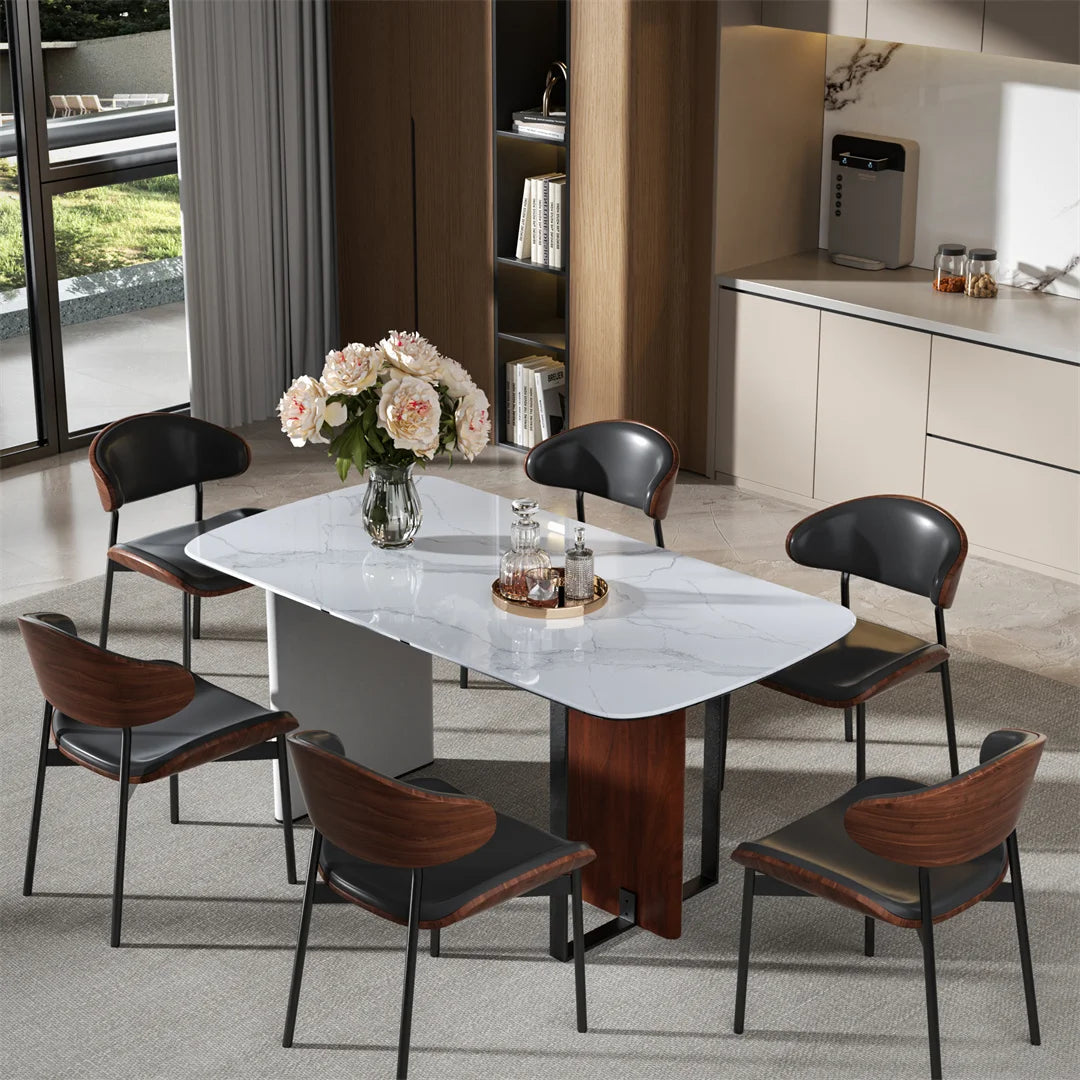 Dining table with chairs in a modern kitchen setting