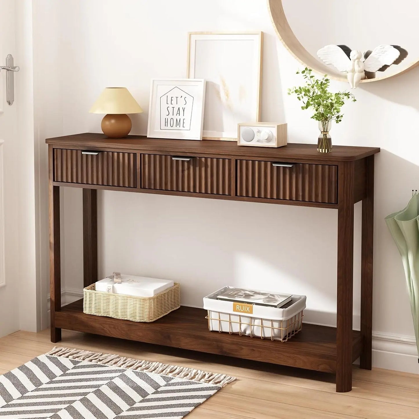 Fluted Console Table with Drawers, Modern 47.1" Entryway Table with Storage Shelf, Boho Narrow Skinny Behind Couch Wood Sofa