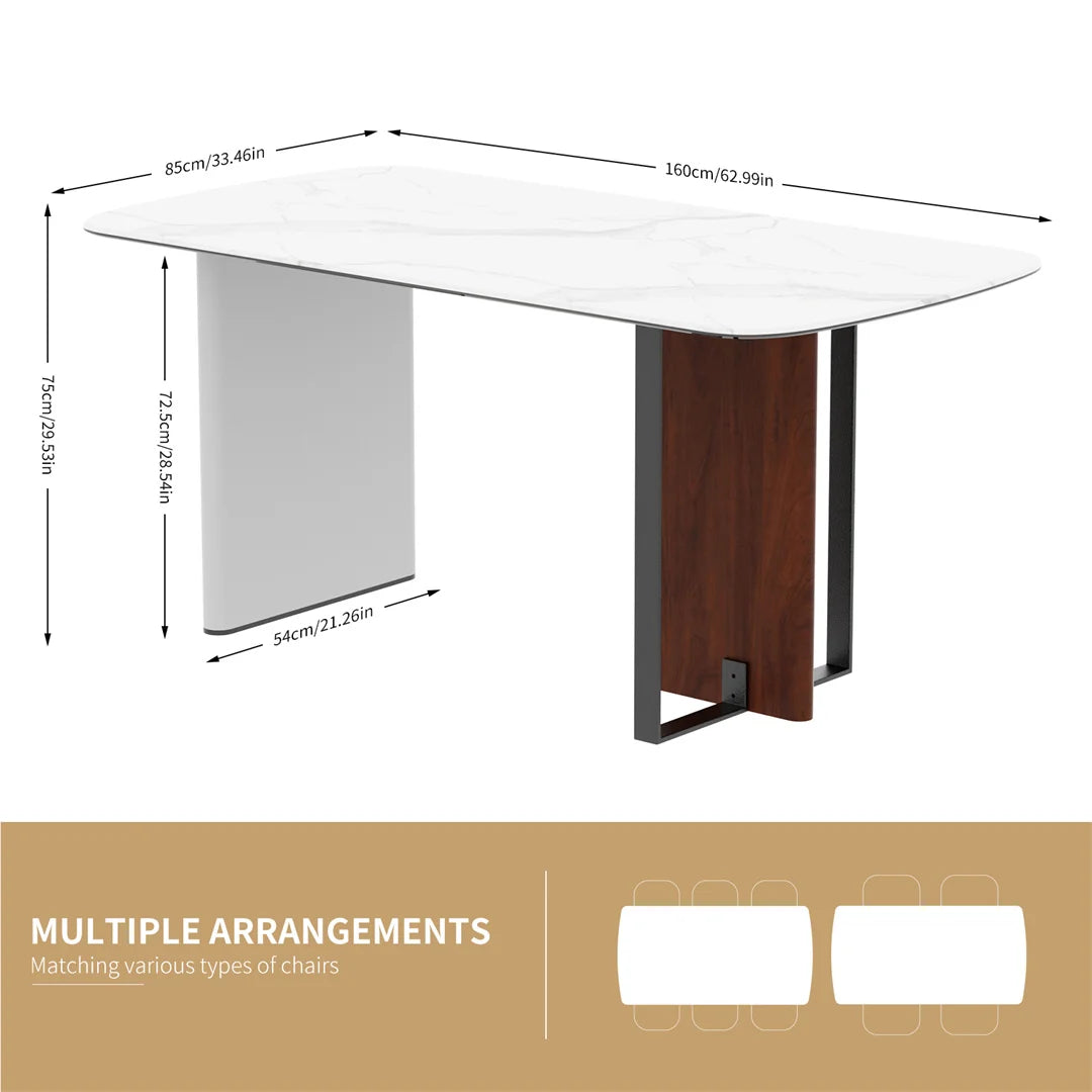 Table with dimensions and multiple arrangement options on a white background