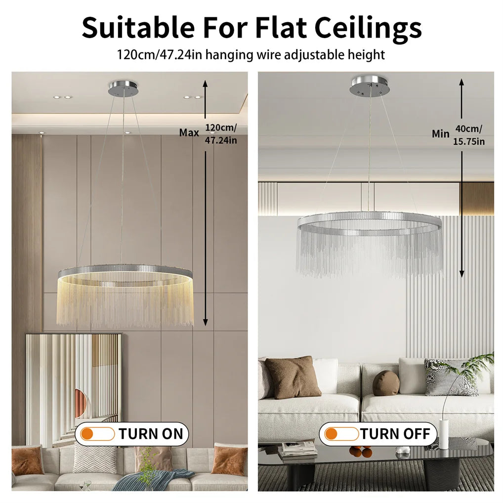 Chandelier with adjustable hanging wire shown in two ceiling height settings in a living room.