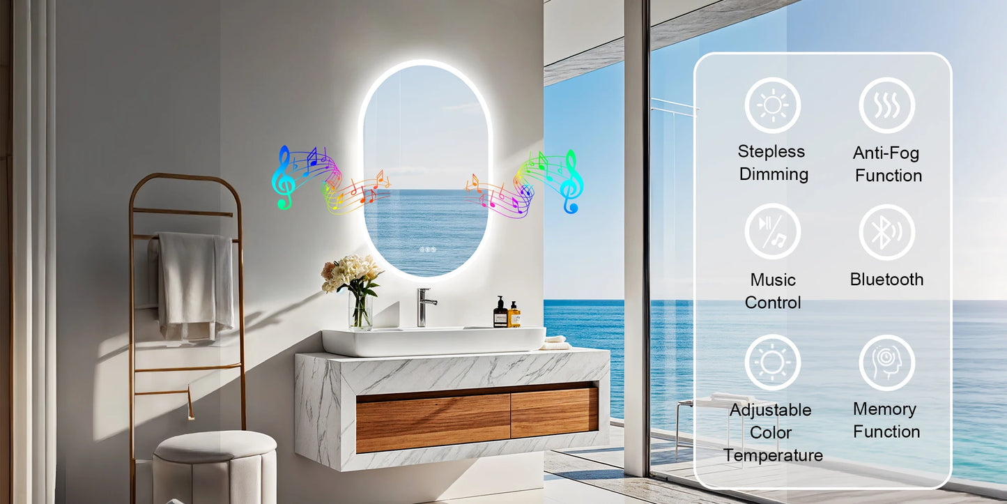 Bathroom with a smart mirror displaying features like stepless dimming and anti-fog function.