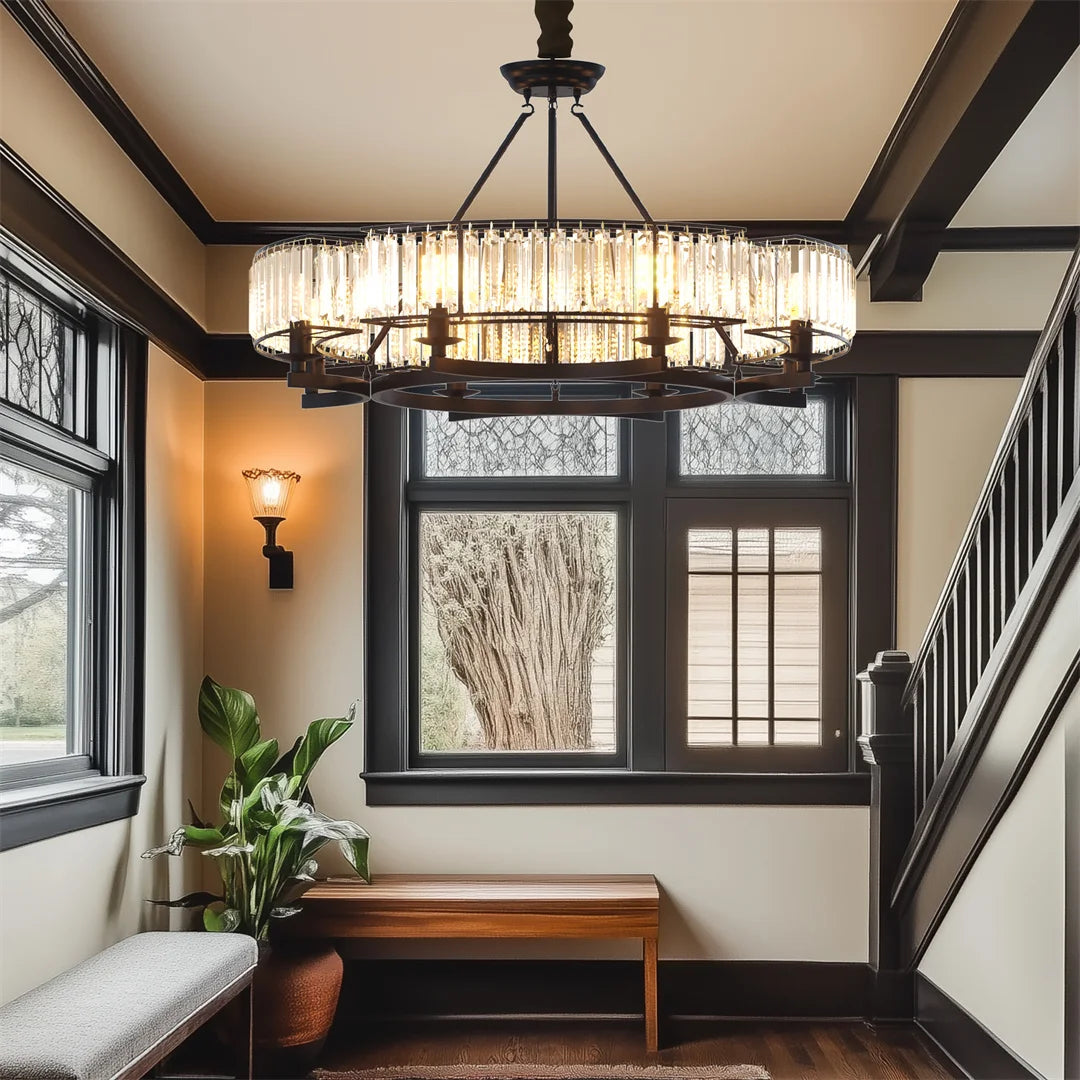 LUVODI Round Crystal Pendant Light Fixture Black Ceiling Chandelier Lamp with 3 Color Lights Adjustable Height