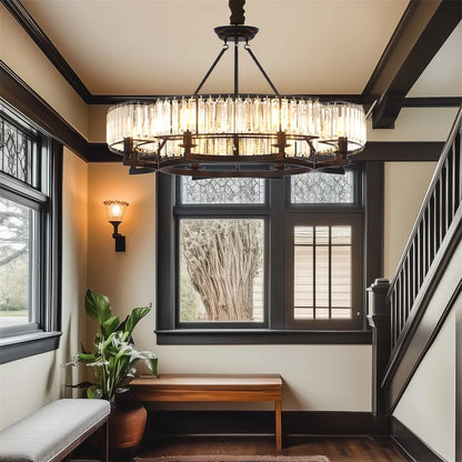 LUVODI Round Crystal Pendant Light Fixture Black Ceiling Chandelier Lamp with 3 Color Lights Adjustable Height