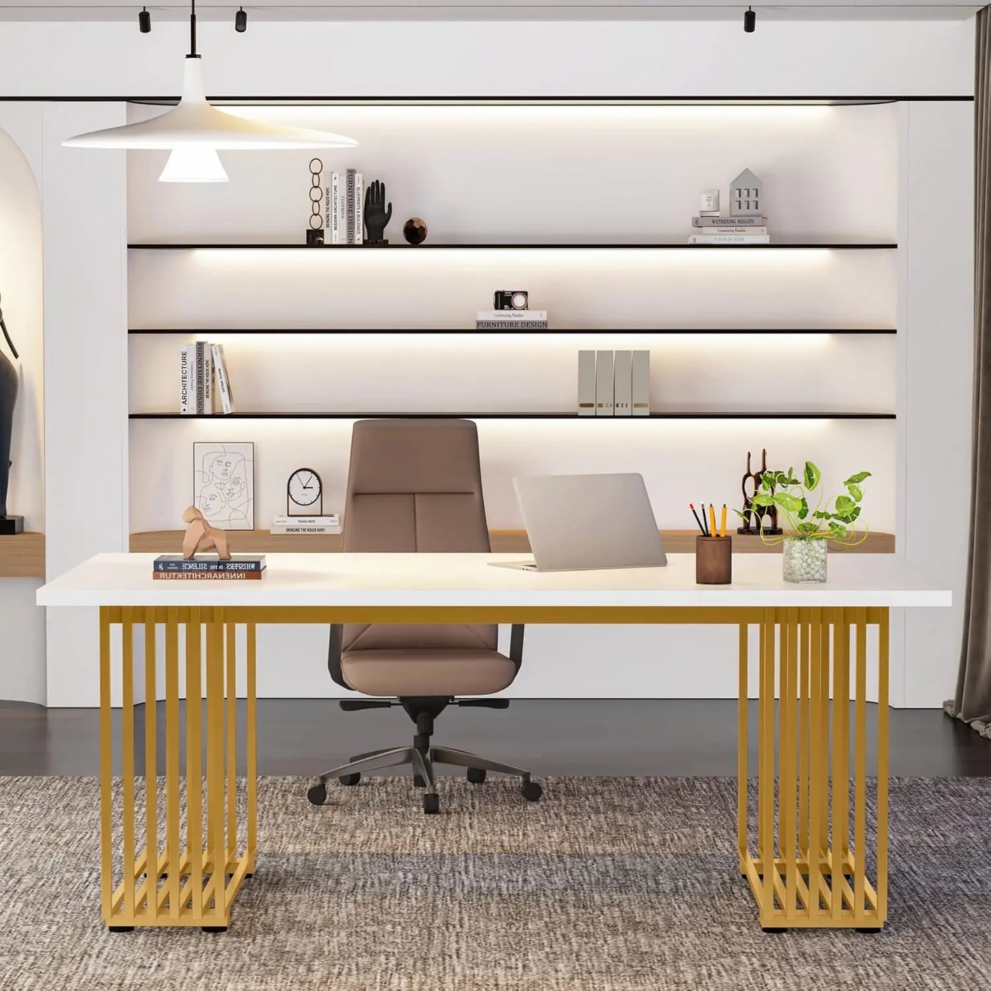 Modern White Executive Desk with Gold Metal Legs – Large Home Office Table.