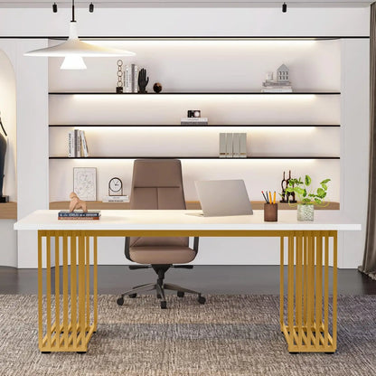 Modern White Executive Desk with Gold Metal Legs – Large Home Office Table.