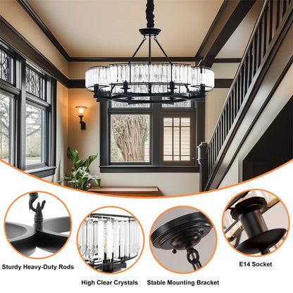 LUVODI Round Crystal Pendant Light Fixture Black Ceiling Chandelier Lamp with 3 Color Lights Adjustable Height