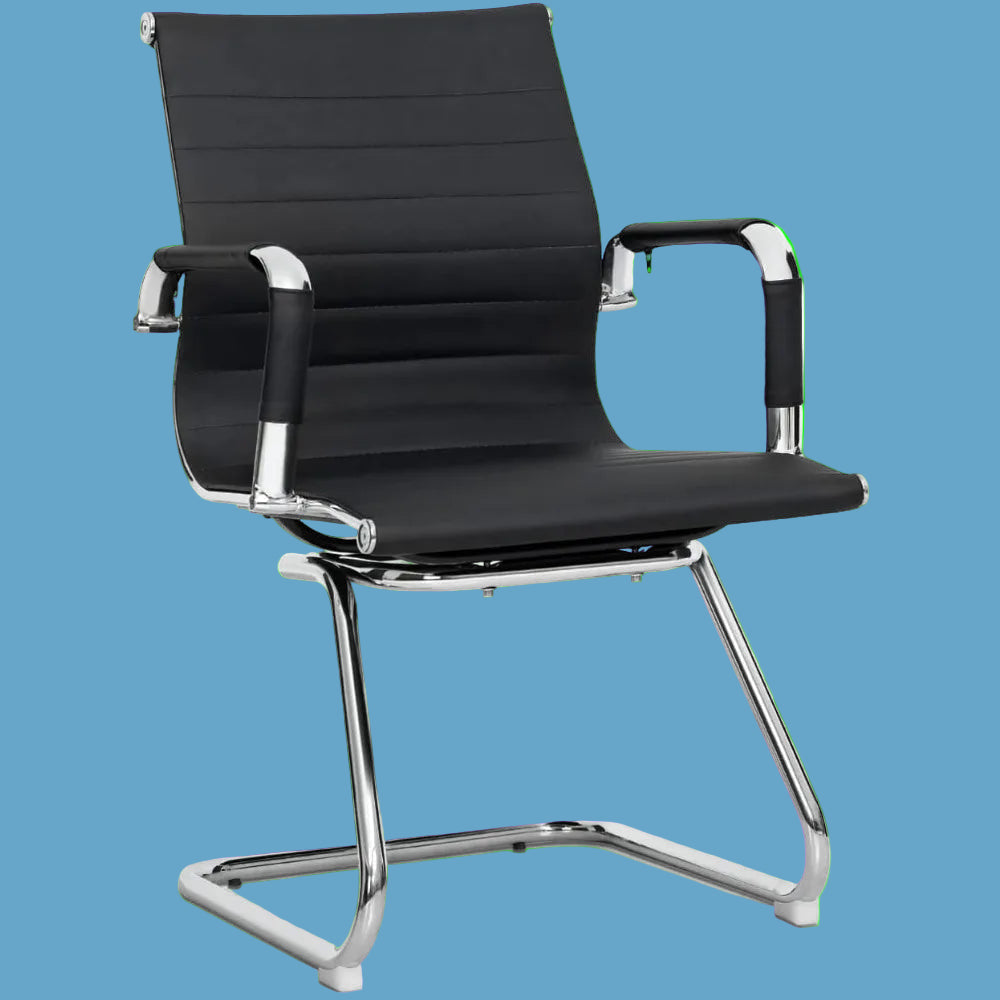 Office Guest Chair – PU Leather Mid-Back Sled Base, Black, Reception & Meeting Room Seating.