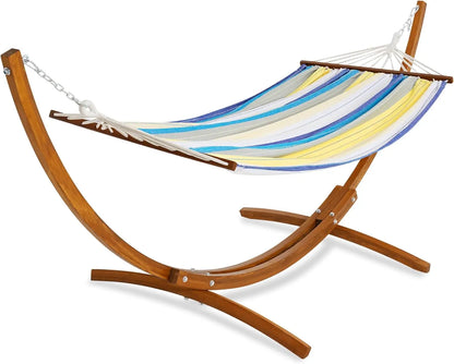 Cotton Hammock with 10.5ft Wood Arc Stand – Indoor &amp; Outdoor Relaxation Combo.