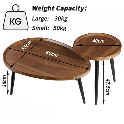 LUVODI Irregular Living Room Coffee Table Set Small Drop-shaped Solid Wooden Sofa Side End Table 2-in1 with Triangle Legs
