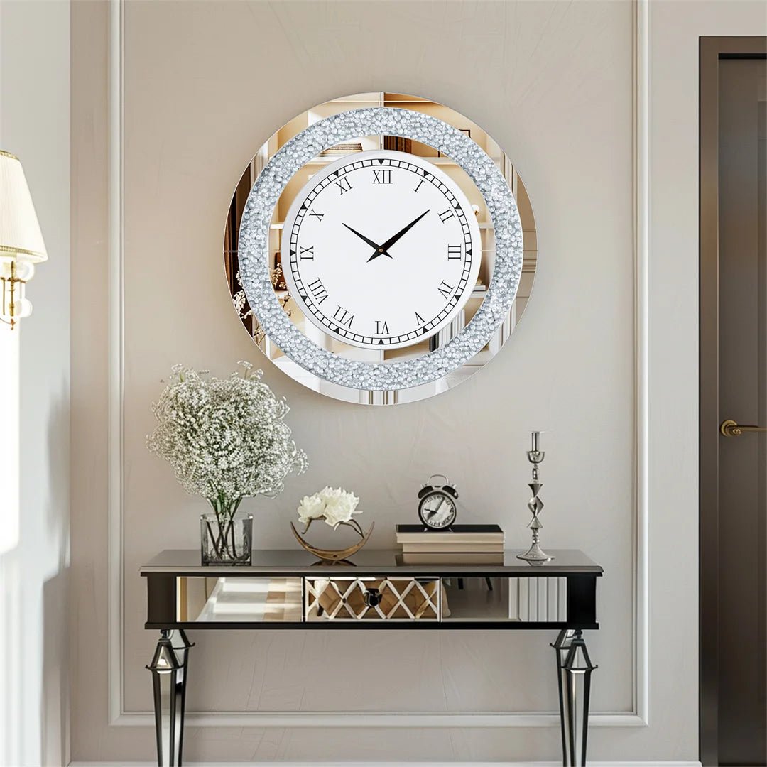 Decorative wall clock with a mirror-like design on a wall above a console table.