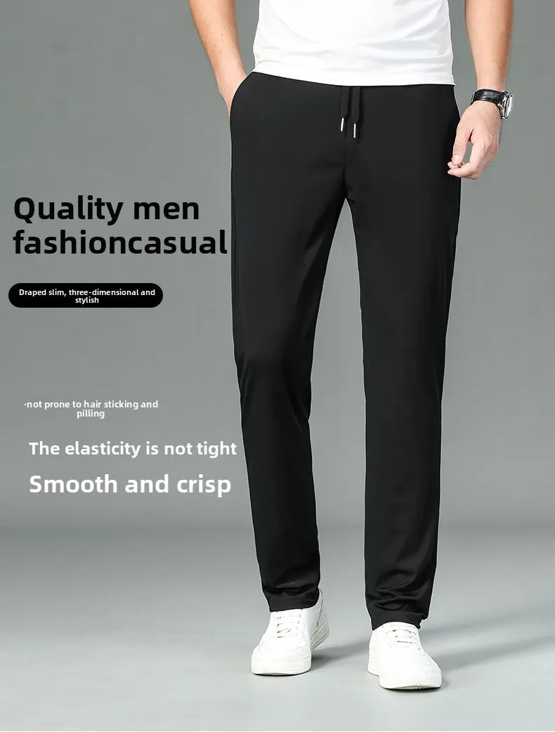 High Quality Ice Silk Stretch New Brand Casual Fashion Strappy Long Pants Elastic Pencil Street Style Teens Trousers Men Clothes