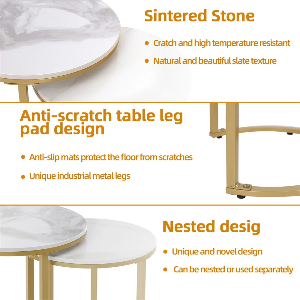 Table set with sintered stone surface, anti- scratch table leg pad design, and nested design features.