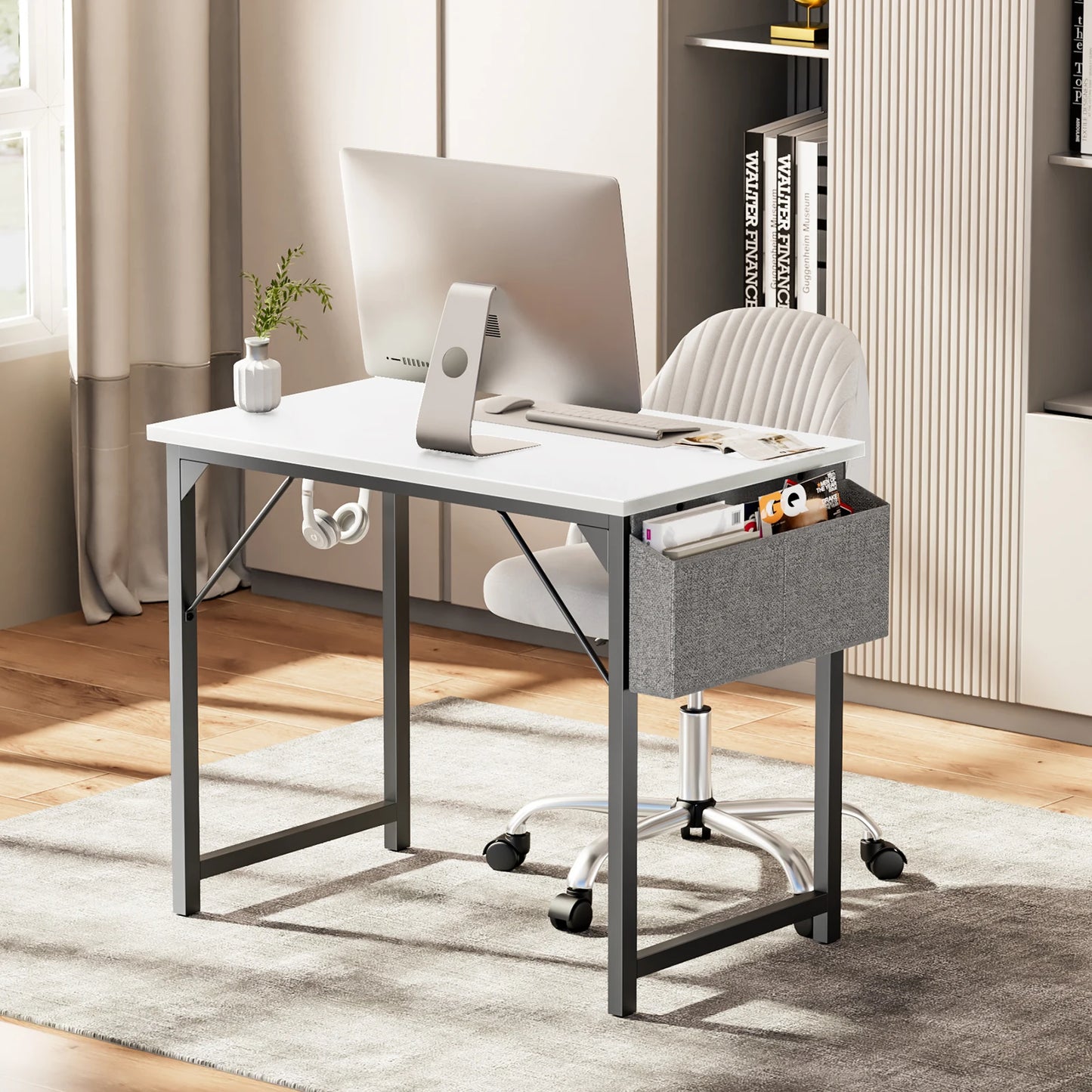 Modern Compact Computer Desk with Side Bag & Headphone Hook – Easy Assembly.