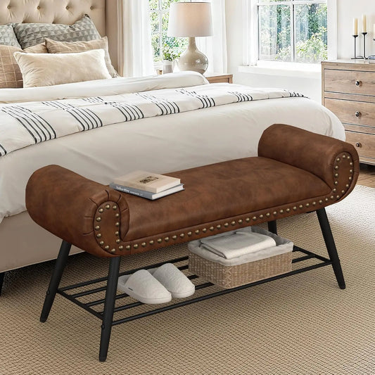 45.3" End of Bed Bench, Modern Chenille Upholstered Ottoman with Storage Shelf.