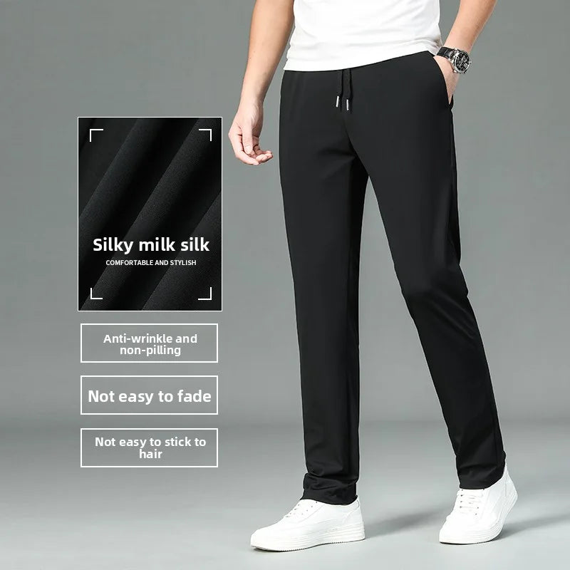 High Quality Ice Silk Stretch New Brand Casual Fashion Strappy Long Pants Elastic Pencil Street Style Teens Trousers Men Clothes