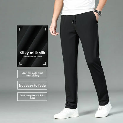 High Quality Ice Silk Stretch New Brand Casual Fashion Strappy Long Pants Elastic Pencil Street Style Teens Trousers Men Clothes