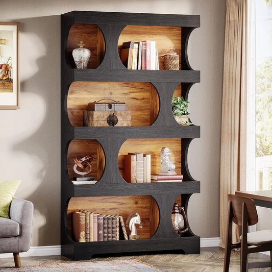 Black 4-Tier Modern Bookcase – Freestanding Display Shelf for Living Room.