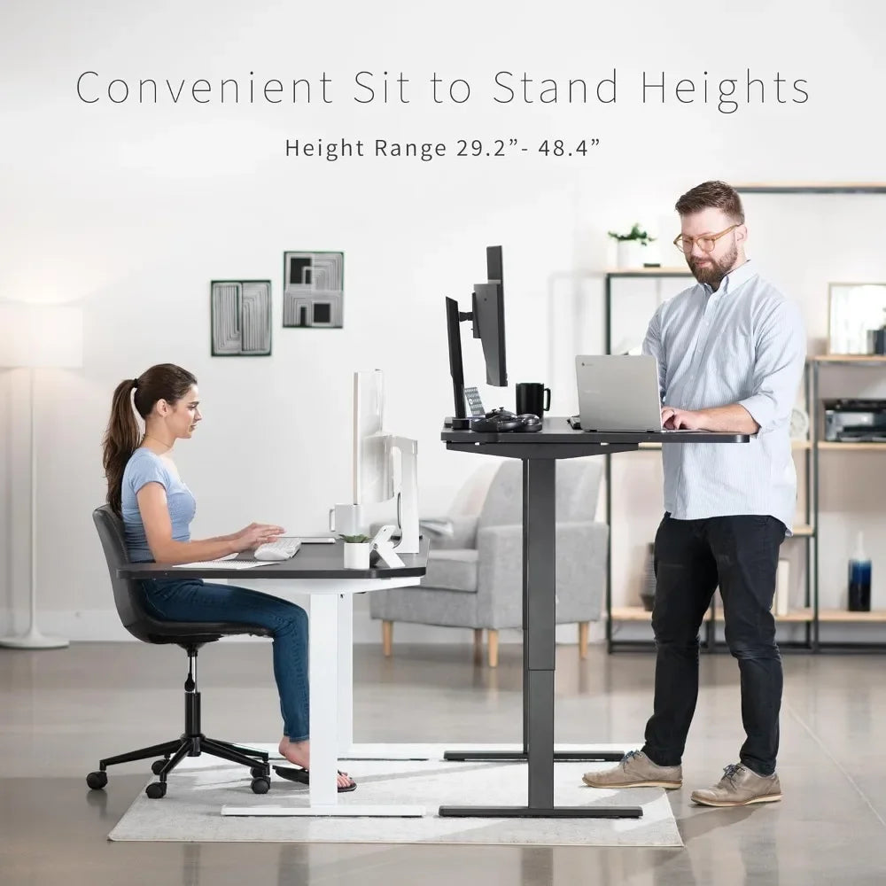 Electric Height Adjustable L-Shaped Standing Desk – 58" x 35", Reversible Black Top, Black Steel Frame.