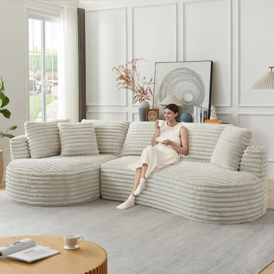 121" Wide Curved L-Shaped Boneless Cloud Sectional Sofa with Chaise – Corduroy Modular Couch.
