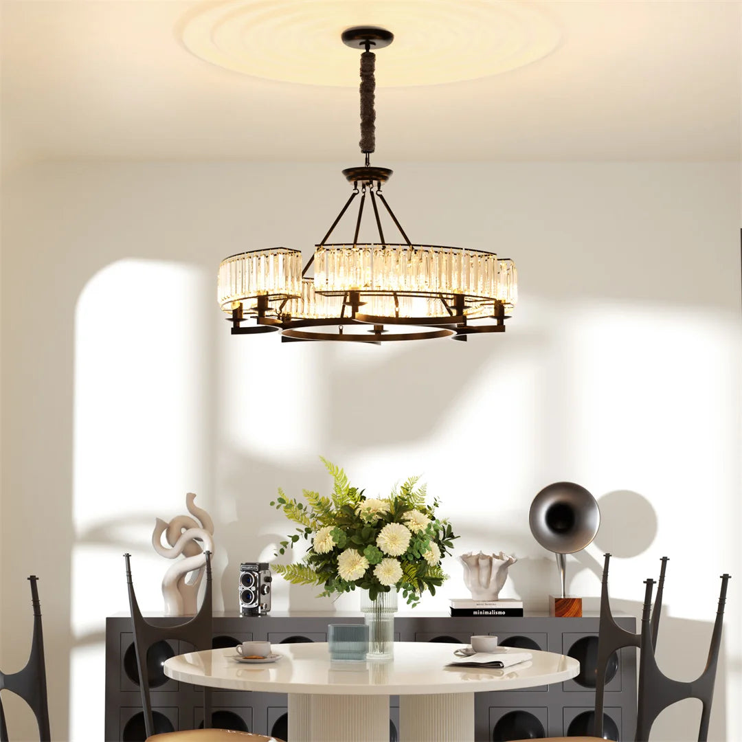 LUVODI Round Crystal Pendant Light Fixture Black Ceiling Chandelier Lamp with 3 Color Lights Adjustable Height