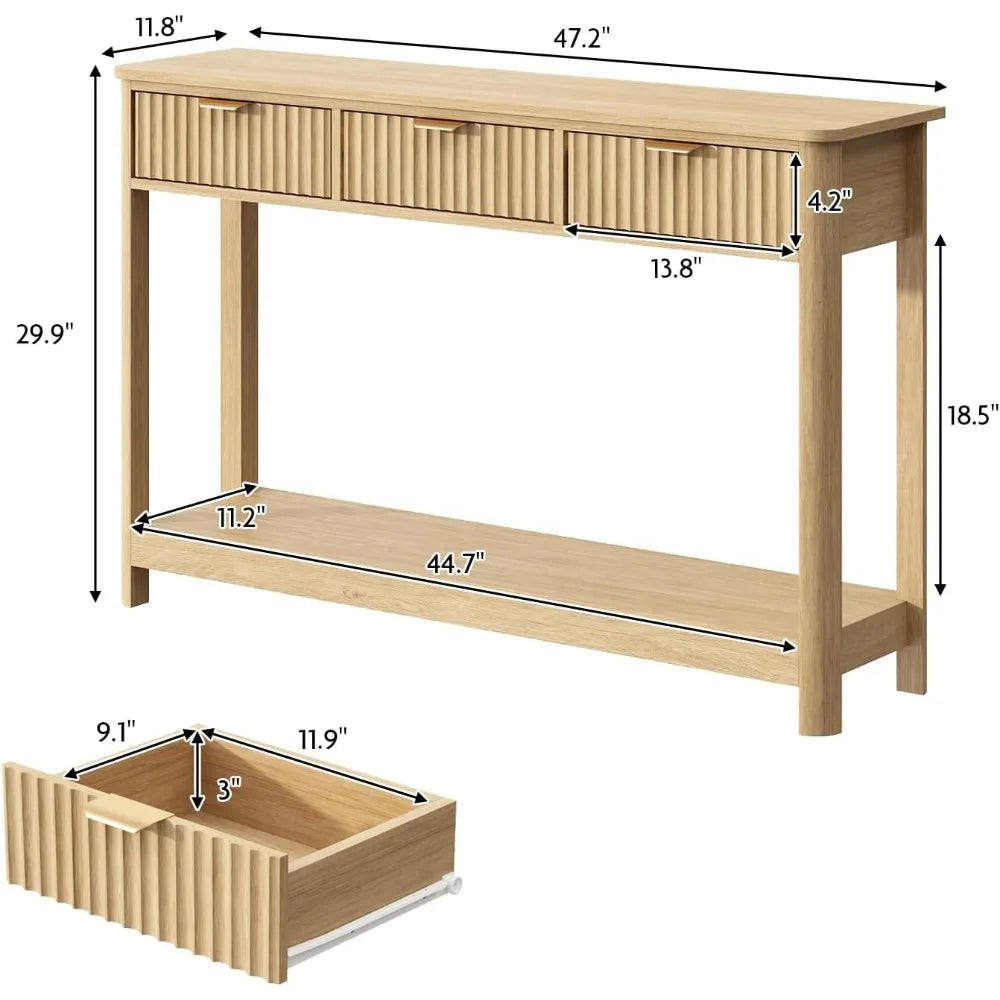 Fluted Console Table with Drawers, Modern 47.1" Entryway Table with Storage Shelf, Boho Narrow Skinny Behind Couch Wood Sofa