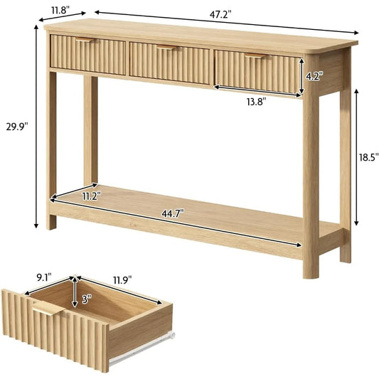 Fluted Console Table with Drawers, Modern 47.1" Entryway Table with Storage Shelf, Boho Narrow Skinny Behind Couch Wood Sofa