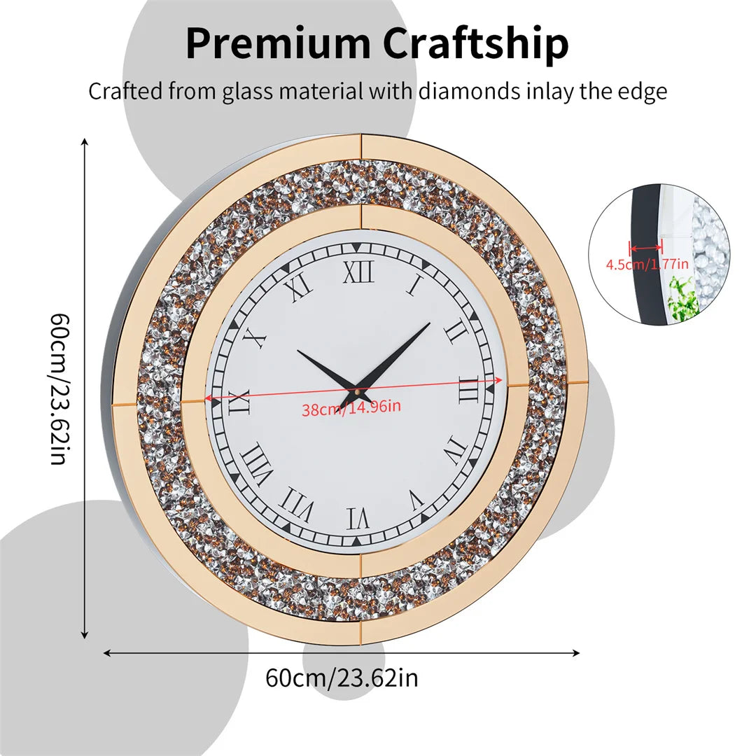 Sparkle Bling Round Diamond Wall Clock – Silver Tawny Crushed Crystal, 60cm.