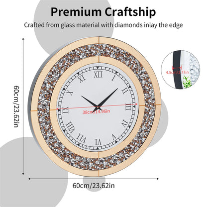 Sparkle Bling Round Diamond Wall Clock – Silver Tawny Crushed Crystal, 60cm.