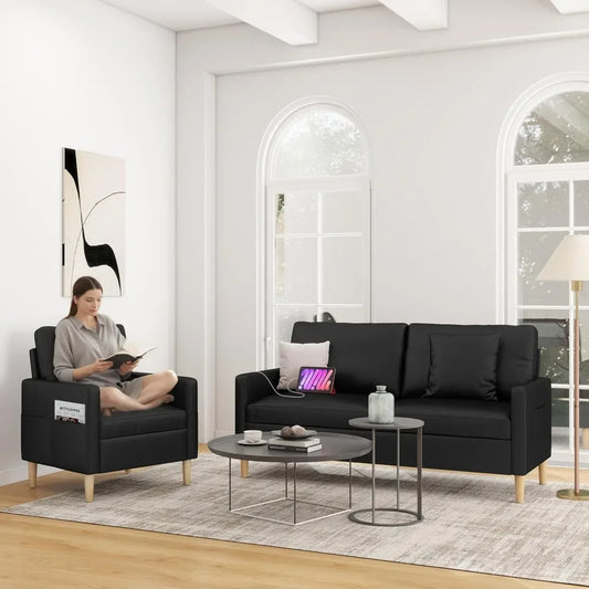 Black Faux Leather Mid-Century Modern 2-Piece Sofa Set with USB Ports – Tufted 2-Seater .