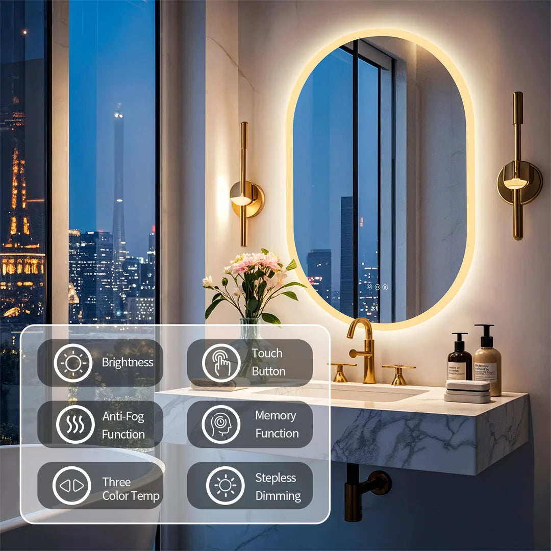 Bathroom with a round illuminated mirror and cityscape view, featuring various control icons on the screen.