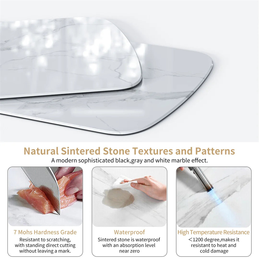 Marble-patterned surface with text highlighting properties like natural sintered stone textures, waterproofness, and high-temperature resistance.