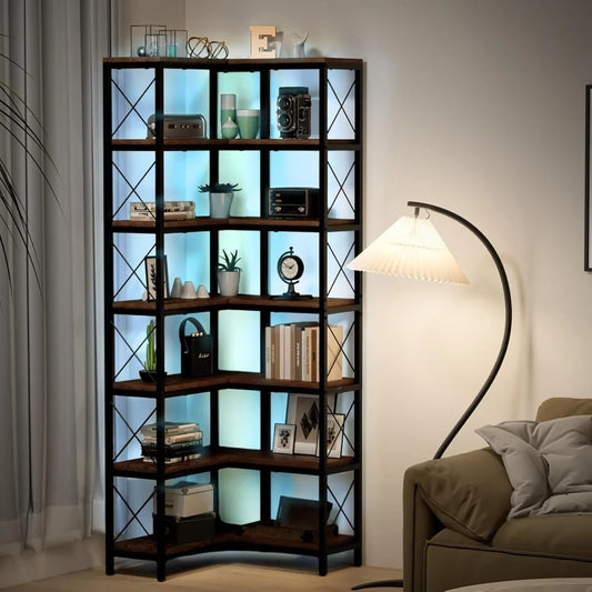 7-Tier LED Corner Bookshelf, 78.7” High Metal Frame Storage Shelf for Living Room & Study.