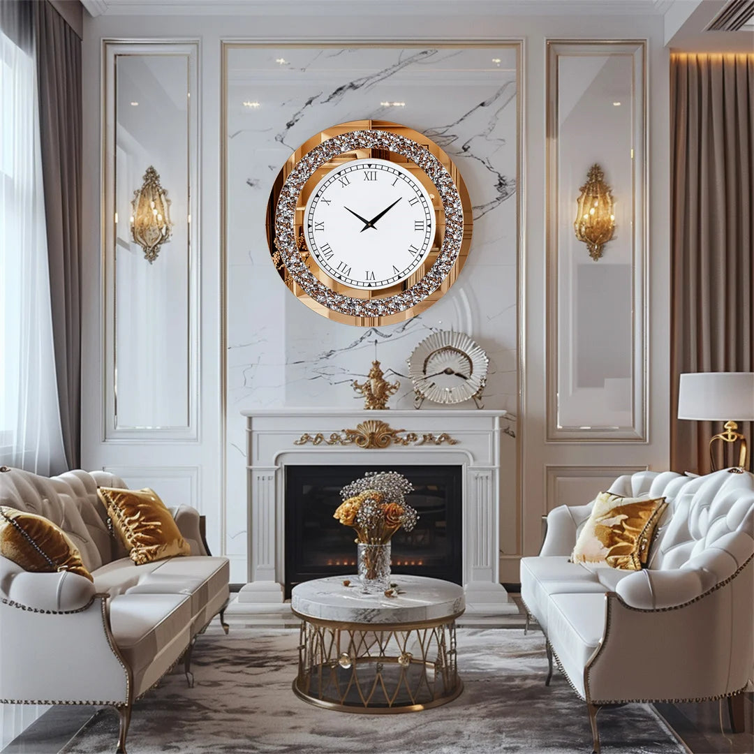 Luxurious living room with decorative wall clock, sofas, and a fireplace.