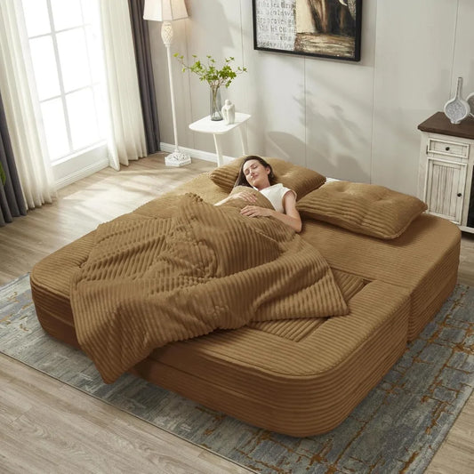 80" Convertible Folding Sofa Bed – King Size Boneless Corduroy Sectional with Multi-Functional Blanket.