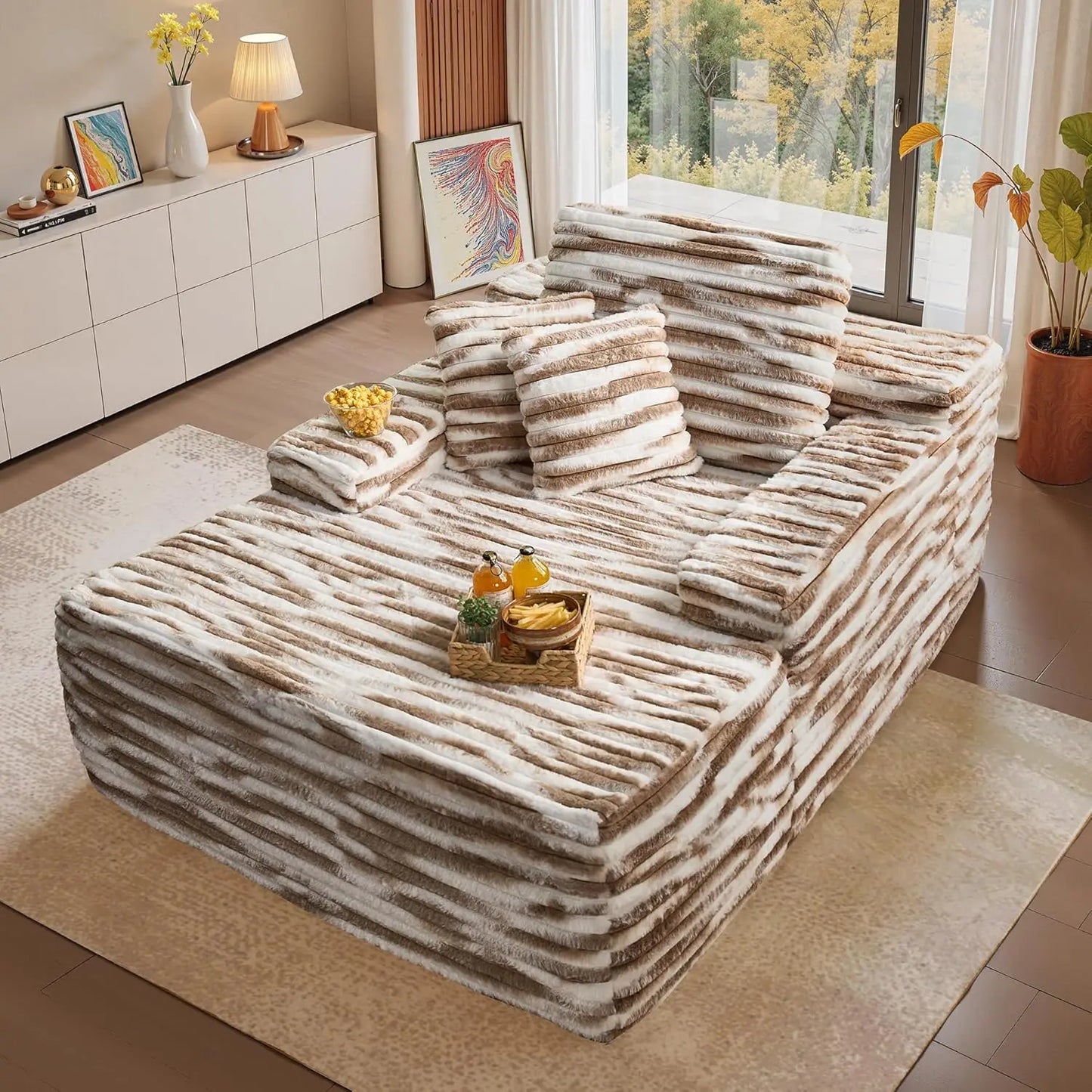 Chaise Lounge Chair Indoor, 67" Oversized Comfy Plush Fur Sleeper Sofa Bed, Boneless Upholstered Recliner Bed with Pillows